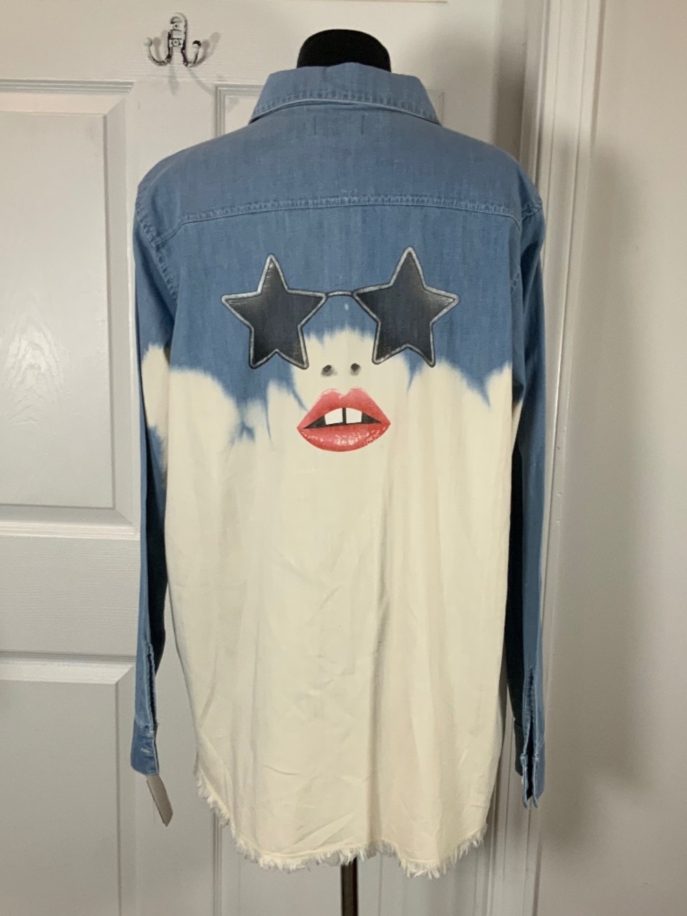 Lauren Moshi Sloane Kiss Face Star Glam Denim Shirt XL Rhinestone Two Tone